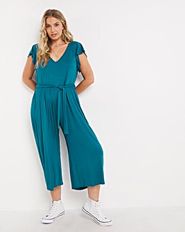 Teal Frill Sleeve Jersey Wide Leg Culotte Jumpsuit with Tie Belt