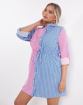 Mixed Stripe Drawstring Waist Shirt Dress
