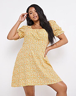 Yellow Ditsy Floral Print Square Neck Textured Jersey Skater Dress