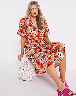 Retro Floral Print Button Through Puff Sleeve Tea Midi Dress