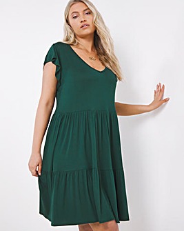 Dark Green Frill Sleeve Jersey Tiered Smock Dress