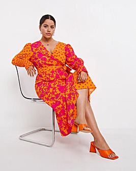 Mixed Print Wrap Midi Dress With Shirred Sleeve