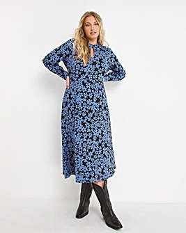 Supersoft Jersey Blue Floral Print Keyhole Midi Dress