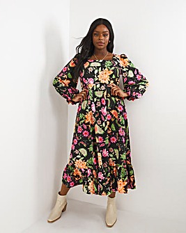 Floral Print Tiered Midi Dress With Tie Back