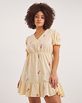 Gingham Floral Embroidered Smock Dress