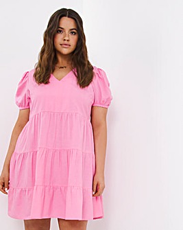 Pink Tiered Linen V-Neck Smock Dress