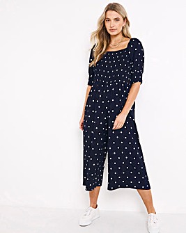Navy Spot Square Neck Waffle Shirred Jumpsuit
