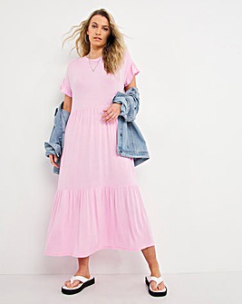 Pink Frill Sleeve Jersey Tiered Midi Dress