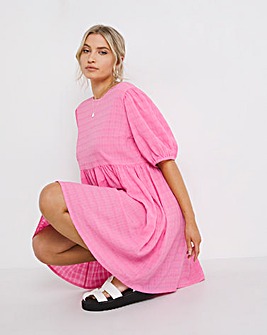 Pink Puff Sleeve Textured Smock Dress