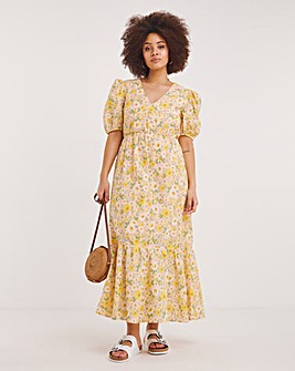 Floral Print Puff Sleeve Frill Hem Maxi Dress