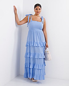 Blue Tiered Frill Shirred Maxi Dress With Tie Strap