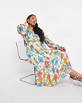 Simply Beautiful Floral Shirred Long Sleeve Tiered Midi Dress