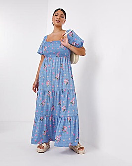 Blue Floral Square Neck Puff Sleeve Tiered Maxi Dress