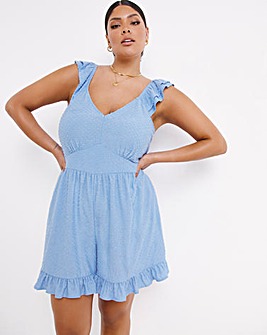 Blue Frill Detail Dobby Playsuit With Pockets