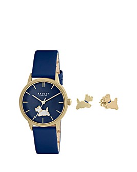 Radley Gold Plated Blue Leather Strap Watch and Gold Plated Dog Stud Earrings