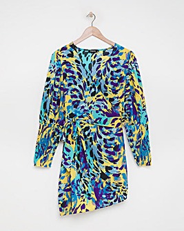 Animal Print Wrap Dress With Shirred Sleeve