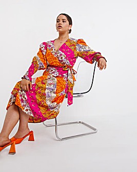 Multi Print Wrap Midi Dress With Shirred Sleeve