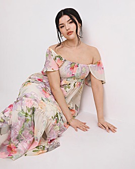 Flourish Ivory Floral Shirred Bardot Maxi Dress
