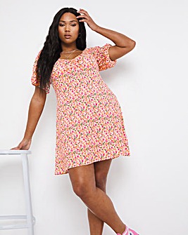 Floral Print Sweetheart Neck Ruched Waffle Tea Dress