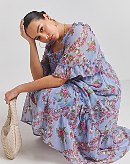 Blue Floral Print Tiered Midi Dress