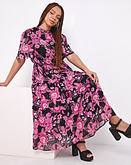 Black Floral Print Short Sleeve Tiered Midi Dress