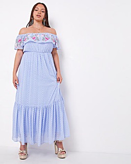 Blue Embroidered Tiered Bardot Maxi Dress