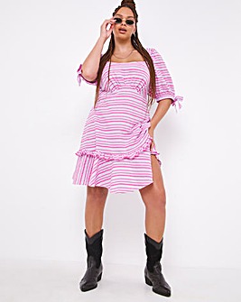 Pink Stripe Square Neck Tea Dress With Frilled Hem