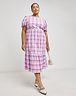 Pink Check Tiered Short Sleeve Midi Dress