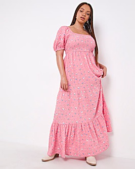 Pink Floral Print Shirred Short Sleeve Maxi Dress