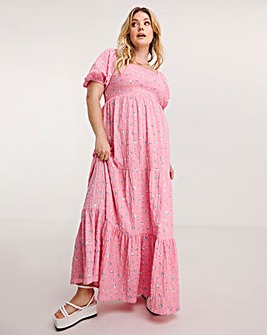 Pink Floral Print Shirred Short Sleeve Maxi Dress