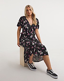 Black Floral Supersoft Jersey Tiered Frill Midi Dress