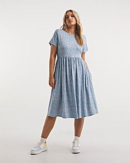Blue Ditsy Supersoft Jersey Midi Dress With Pockets