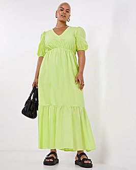 Lime V-Neck Puff Sleeve Tiered Maxi Dress