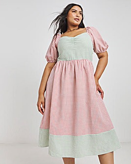 Mixed Gingham Ruched Midi Dress