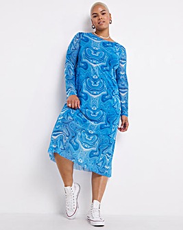 Blue Swirl Printed Mesh Midi Dress with Cut Out Back