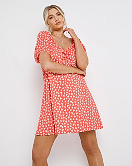 Coral Heart Print Sweetheart Neck Ruched Waffle Tea Dress