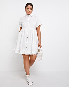 White Cotton Frill Detail Short Sleeve Shirt Dress