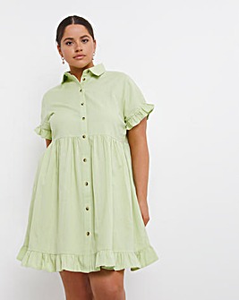 Sage Cotton Frill Detail Short Sleeve Shirt Dress