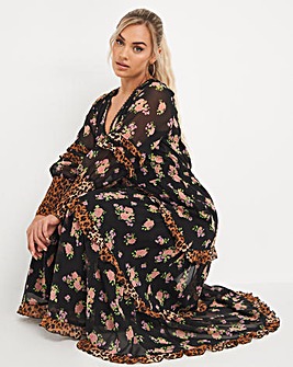 Tiered Mixed Print Shirred Maxi Dress With Frills