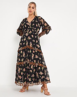 Tiered Mixed Print Shirred Maxi Dress With Frills