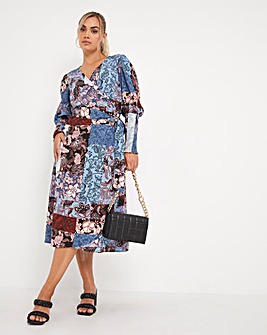Mixed Print Shirred Sleeve Wrap Midi Dress