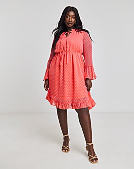 Pink Dobby Tie Neck Skater Dress