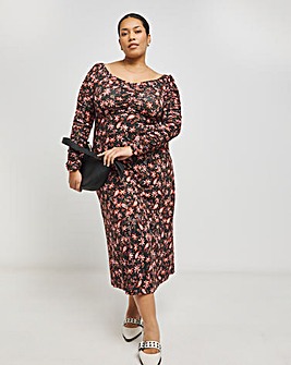 Supersoft Jersey Paisley Ruched Sleeve Midi Dress