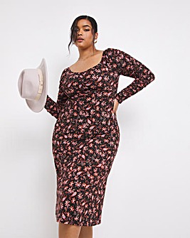 Supersoft Paisley Ruched Sleeve Midi Dress