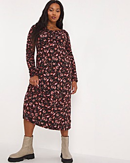 Supersoft Jersey Paisley Ruched Sleeve Midi Dress