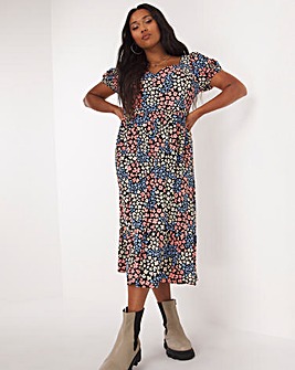 Floral Supersoft Jersey Sweetheart Midi Dress With Frills