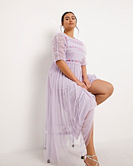 Boutique Lilac Embroidered Tulle Ruched Sleeve Maxi Dress