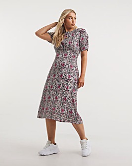 Ditsy Floral Print Ruched Sleeve Textured Jersey Midi Dress
