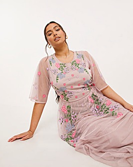 Boutique Pink Floral Embroided Angel Sleeve Maxi Dress