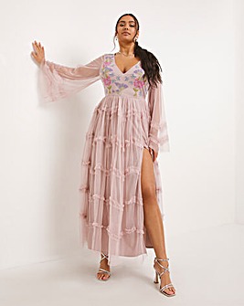 Boutique Pink Embroidered Long Sleeve Ruffle Maxi Dress